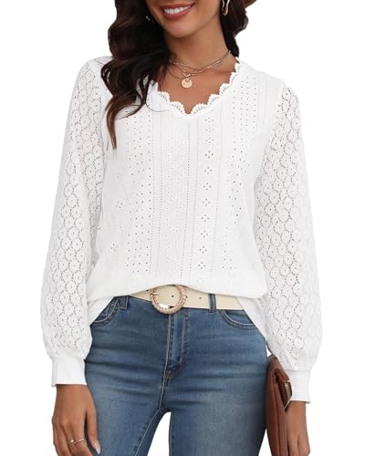 Hount Damen Oberteil Spitze Elegant Chiffon Modern Bluse Frühling Lace Langarmshirt (L, Weiß) von Hount