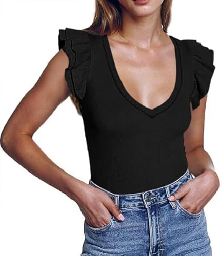 Hount Damen Oberteile Elegant V Ausschnitt Tank Tops 2024 Einfarbig Sommer Blusen Top (S, Schwarz) von Hount