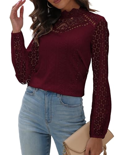 Hount Damen Oberteile Langarm Bluse Mit Spitzen Business Outfit Langarmshirt Stehkragen Tunika Top (M, Weinrot) von Hount