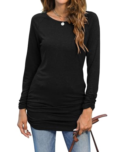 Hount Damen Oberteile Luftig Uboot Ausschnitt Tunika Kleid Lang Einfarbige Casual Hemdbluse (S, Schwarz) von Hount