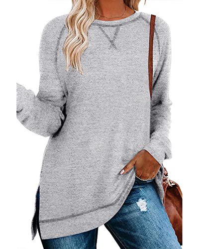 Hount Damen Oberteile Pullover T Shirt Einfarbig Leichtes Sweatshirt Bluse Herbst Elegant Longshirt (XL,Hellgrau) von Hount