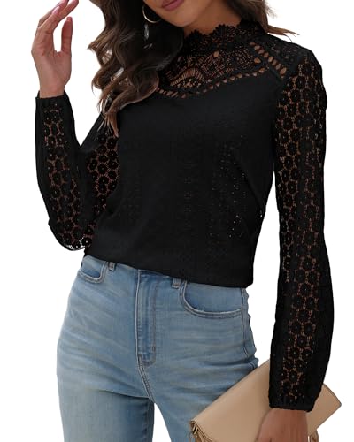 Hount Damen Oberteile mit Spitze Festliche Blusen Laternenärmeln Dünn Sexy Shirtbluse (XXL, Schwarz) von Hount