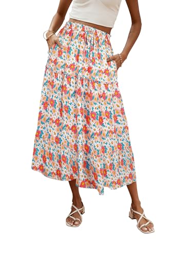 Hount Damen Rock Hohe Taille A Linie Flowy Skirt Boho Blumenrock mit Taschen (XL, Blumen 1) von Hount