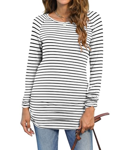 Hount Damen Rundhals Shirt Gestreiftes Vintage Oberteile Leichter Klassischer Strickpullover mit Gummizug (XXL, Schwarz Gestreiftes) von Hount