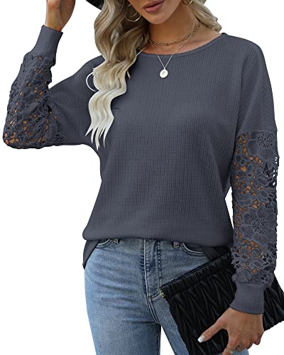 Hount Damen Rundhals Spitze Pullover Herbst Langarm Spitzenbluse Oversize Einfarbige Strick Shirt (XXL, Blau) von Hount