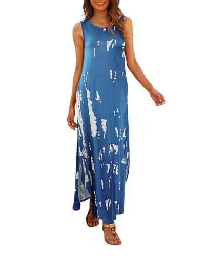 Hount Damen Sommerkleid Ärmellos Kleid Lockeres Tankkleid Lang Lässiges Maxikleid mit Taschen (L, Blau Weiß) von Hount