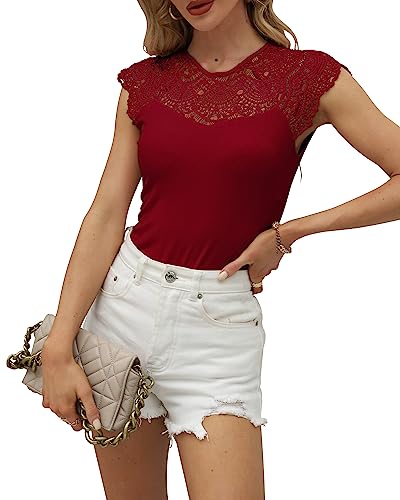 Hount Damen Spitze Rundhals Ärmellos T-Shirt Sommer Top Elegant Bluse Top Oberteile (S, Weinrot) von Hount