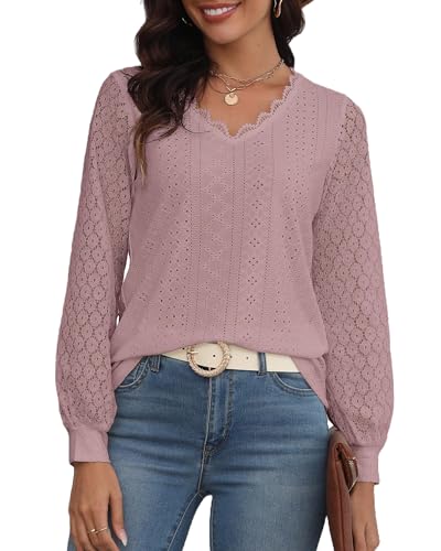 Hount Damen Spitze Tops Spitzenkragen Casual Blusen mit Laternenärmeln Sommer V-Ausschnitt Oberteile Tunika (L, Rosa) von Hount