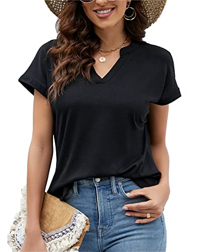 Hount Damen T Shirt Locker Sommer Oberteile Shirtbluse Lässig Blusen mit V Ausschnitt (M, Schwarz) von Hount