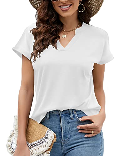 Hount Damen Tunika Shirt Kurz Ärmel Blusen Oberteile Einfarbig Lang Long T-Shirt für Sommer (M, Weiß) von Hount