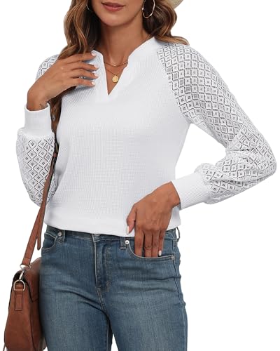 Hount Damen V Ausschnitt Tunika Langarm Spitzenbluse Pullover Vintage Strick Langarmshirt (XXL, Weiß) von Hount