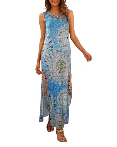 Hount Elegant Kleid Damen Lange Partykleider Armelloses Boho Strandkleid Vintage Maxi Blumenkleid (M, F1) von Hount