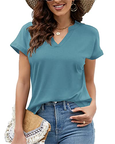 Hount Kurzarmshirt Damen Sommer Freizeithemd Loose Fit Extended Shoulder Shirt Blusen (M, Blau) von Hount