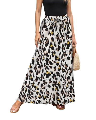 Hount Lang Elegant Vintage Leopard Sommerrock Plisseerock Strandrock Elastisch High Waist A Linie Midirock (XXL, F4) von Hount