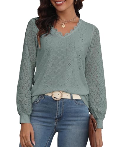Hount Langarmshirt Damen V-Ausschnitt Spitzenbluse Langarm Strick Oberteile Lässige Einfarbig Blusenshirt (S, Grün) von Hount