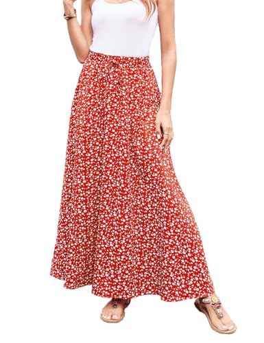 Hount Maxi Rock für Damen Plisseerock Polka Dots Rock Lang Hoher Taille Freizeit Sommerrock mit Blumen (M, F17) von Hount