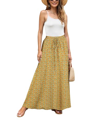 Hount Maxirock Boho Sommerrock mit Blumen Elastische Taille Faltenrock Langer Rock (L, F23) von Hount