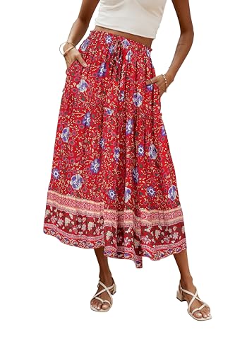 Hount Midi Rock Damen Sommer Wickelrock Boho Strandrock Blumen Hohe Taille Rock (M, Rot) von Hount