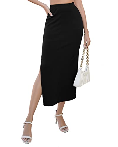 Hount Rock Damen Herbst Maxirock Mit Schlitz Sommer Rippstrick Rock Long Vintage Skirt (S, Schwarz) von Hount