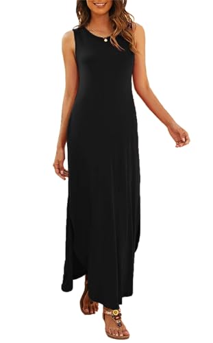 Hount Sommerkleid Damen Lang Boho Armelloses Maxikleid Rundhals Casual Lang Einfarbig Tank Kleid (XL, Schwarz) von Hount