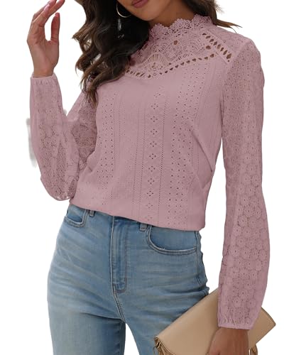 Hount Spitzen Oberteil Damen Bluse Stehkragen Rundhalls Oberteil Elegant Langarm Spitzen Top (XXL, Rose) von Hount