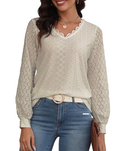 Hount Spitzenbluse Damen V-Ausschnitt Locker Langarmshirt Oberteile Spitze Top (XL, Beige) von Hount