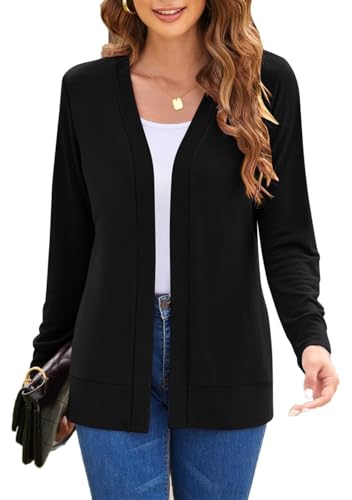 Hount Strickjacke Damen Lang Leichte Offene Front Cardigan Langarm Klassisch Einfarbig Strickmantel für Herbst (XL, Schwarz) von Hount