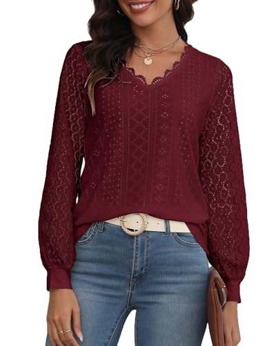 Hount Tunika Longbluse Damen Spitzenbluse Einfarbig T-Shirt mit Spitzenärmel Business Schicke Oberteile (M, Weinrot) von Hount