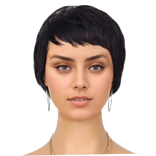 Kurze menschliche Haar Perücken 3 Zoll gebogene Perücke mit Pony für schwarze Frauen glühlose verstellbare Größe Kurzperücke mit Pony & Spitzenfront mit von Houolsator