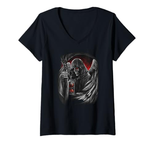 Damen Lustige Sanduhr Sensenmann Totenkopf Cool Gothic Death Lover T-Shirt mit V-Ausschnitt von Hourglass Grim Reaper Skull Cool Gothic