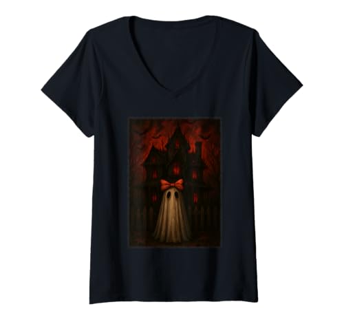 Damen Haus Schleife Hemd Scary Ghost Red Night Spooky T-Shirt mit V-Ausschnitt Damen Haus Schleife Hemd Scary Ghost Red Night Spooky T-Shirt mit V-Ausschnitt von House Bow Tee Shirts for Halloween Costume