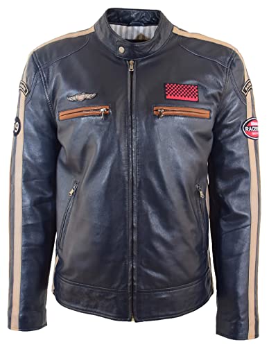 Herren Bikerjacke aus echtem Leder, Café-Racer-Stil, mit Reißverschluss, Marineblau, navy, M von House of Leather