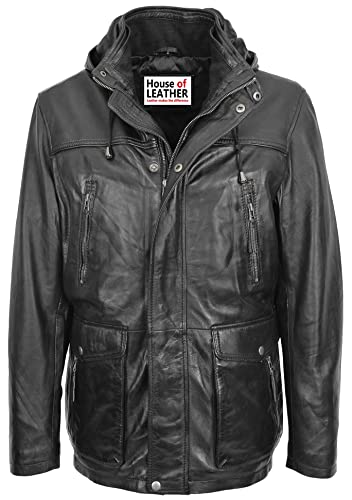 Herren Parka aus echtem Leder, abnehmbarer Kapuzenpullover, Logan, Schwarz, Schwarz , XL von House of Leather