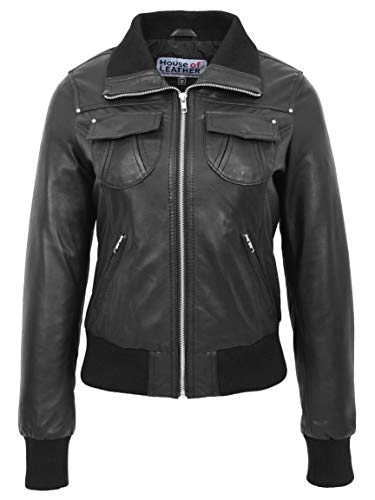 House of Leather Damen Echtes Leder Bomber Jacke Slim Fit Blouson Motto Schwarz 38 von House of Leather