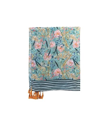 Damen Schal Eden Stola Halstuch Elegant Leicht mit Blumen Muster und Quasten blau in schöner Geschenk-Box, 180x70 cm von House of Disaster