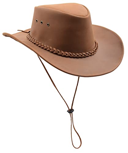 Cowboyhut mit abnehmbarem Kinnriemen, echtes Leder, Australischer Busch-Stil, HL005, Hellbraun, Hellbraun, SMALL von House of Leather