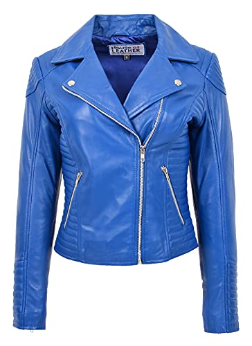 Damen Echt Leder Biker Jacke Kreuzen Reißverschluss Schlanke Passform Stil Anna Blau 38 von House of Leather