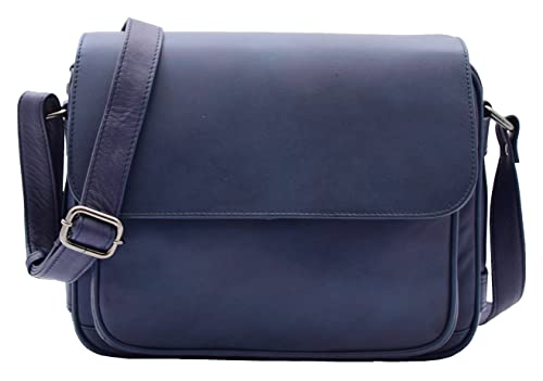 Damen Umhängetasche aus echtem Leder mit Klappe und Organizer ASST Farben HOL325, navy, Medium von House of Leather