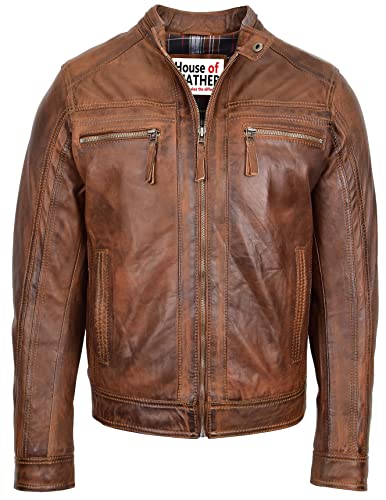 Herren Bikerjacke aus echtem Leder, Charlie im Cafe Racer Stil, braun im antik-finish, M von House of Leather