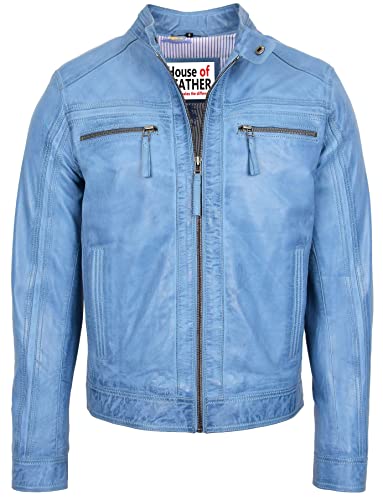 Herren Bikerjacke aus echtem Leder, Charlie im Cafe Racer Stil, himmelblau, L von House of Leather