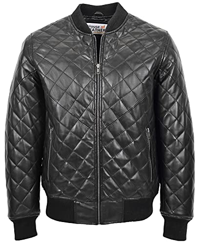 Herren Echt Leder Bomber Jacke Gesteppt Varsity Stil Warren Schwarz XL von House of Leather