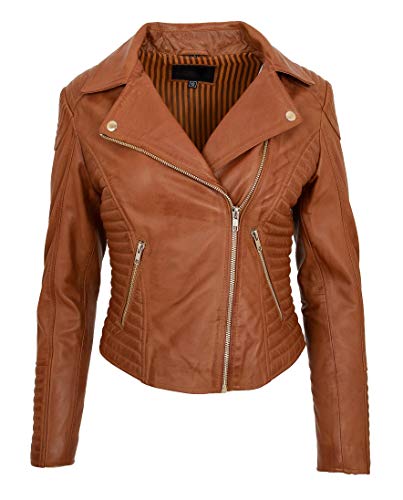 House of Leather Damen Echt Leder Biker Jacke Kreuzen Reißverschluss Schlanke Passform Stil Anna Hautfarben 46 von House of Leather