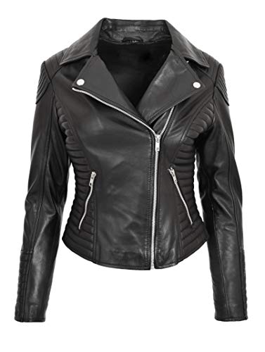 House of Leather Damen Echt Leder Biker Jacke Kreuzen Reißverschluss Schlanke Passform Stil Anna Schwarz 36 von House of Leather