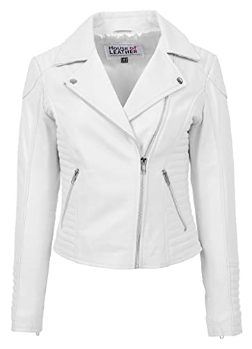 House of Leather Damen Echt Leder Biker Jacke Kreuzen Reißverschluss Schlanke Passform Stil Anna Weiß 38 von House of Leather