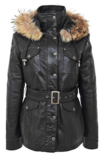 House of Leather Damen Echt Leder Mantel Abnehmbar Mit Kapuze Parka Daisy Schwarz 42 von House of Leather