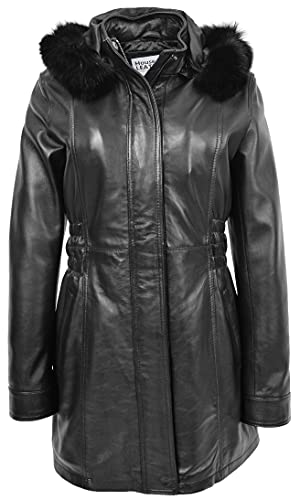 House of Leather Damen Echt Leder Mantel Abnehmbarer Kapuzenpullover Parka Kathy Schwarz 42 von House of Leather