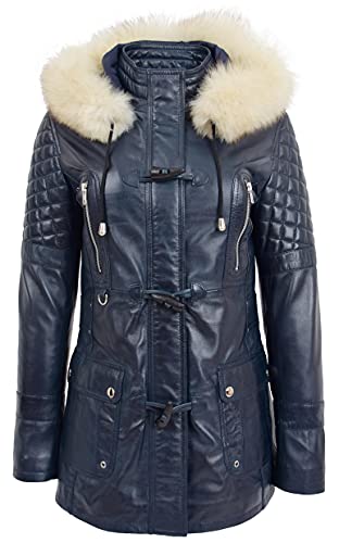 House of Leather Damen Echt Leder Seesack Mantel Abnehmbar Kapuzenpullover Parka Ariel Marineblau 42 von House of Leather