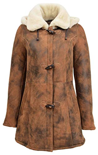 House of Leather Damen Echt Schaffell Dufflemantel Abnehmbar Kapuzenpullover Parka Ellen Vintage Braun 40 von House of Leather
