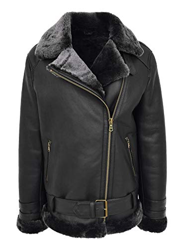 House of Leather Damen Echt Schaffell Jacke Flieger Kreuzen Reißverschluss Biker Stil Lena Schwarze, Silberfarbene Spitze 36 von House of Leather