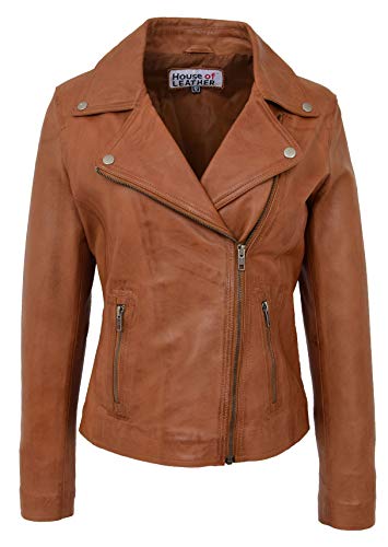 House of Leather Damen Echtes Leder Biker Jacke Kreuzreißverschluss Stil Lola Hautfarben 46 von House of Leather